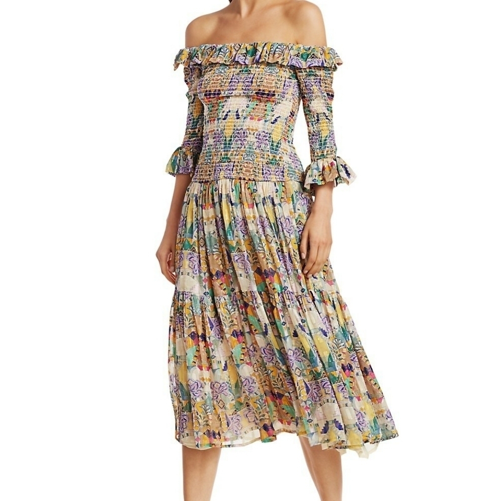 Chufy Dress Peru‎ Inka Off the Shoulder Smocked A-line Midi Sz M